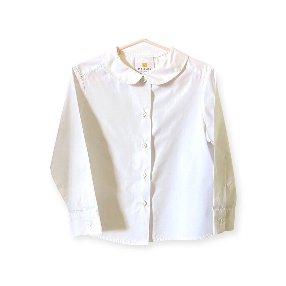 DENNIS UNIFORM Girls Size 4 Long Sleeve Blouse Buttondown Shirt White Peter Pan
